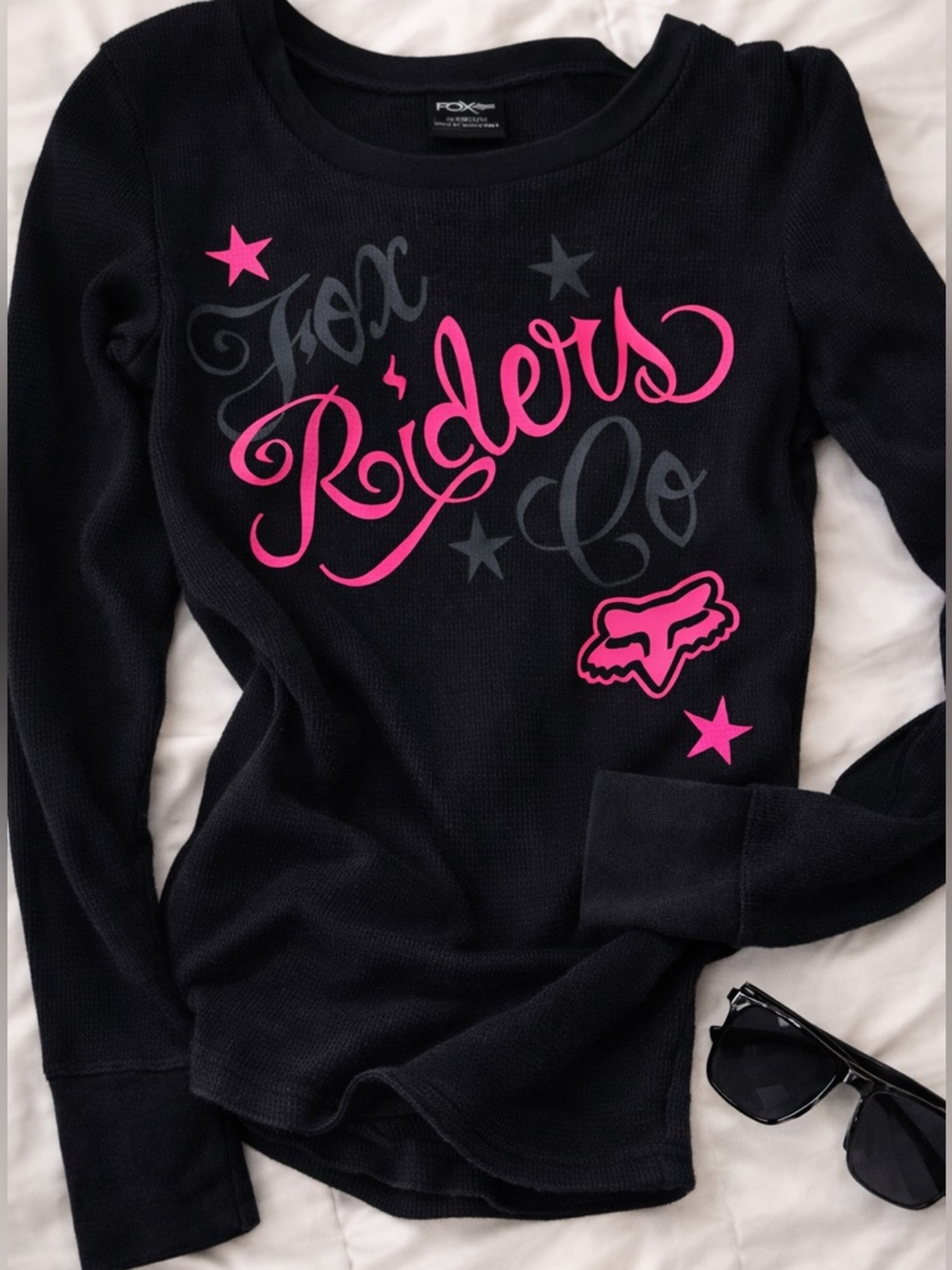 Fox Riders Racing Graphic Henley Top Black Pink Long Sleeve Women Size Medium